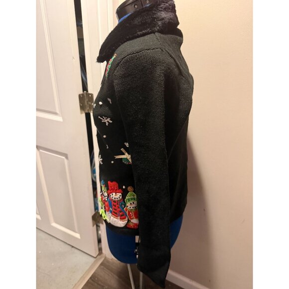 VTG Black Faux Fur Trim Button-Up Tacky Christmas Holiday Sweater with Snowman, - Picture 4 of 6